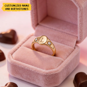 Dainty Birthstone Initial Signet Ring - Birthstone Personalized Ring