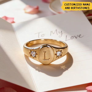 Dainty Birthstone Initial Signet Ring - Birthstone Personalized Ring