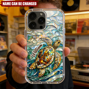 Sea Turtle Swimming In Stained Glass Waves - Personalized Full Print Phone Case