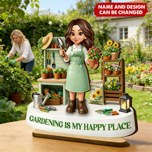 Gardening Is My Happy Place - Personalized 2-Layered Wooden Plaque, Gift For Mom, Grandma