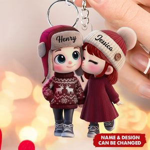 Personalized Acrylic Keychain Cute Cartoon Kissing Couple in Winter Hats