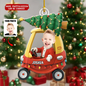Custom Photo Christmas Kid In Car - Personalized Christmas Acrylic Ornament