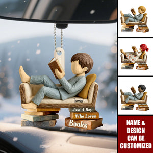 Man Woman Reading Book On Sofa - Personalized Wooden Car Ornament, Gift For Book Lover, Bookworm