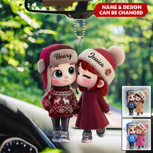 Personalized Acrylic Car Hanger Cute Cartoon Kissing Couple in Winter Hats