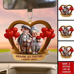 Growing Old Together, Elderly Couple With Hearts And Balloons, Personalized Car Ornament