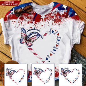 Heart Kids Butterfly Grandma 4th of July Personalized 3D T-shirt