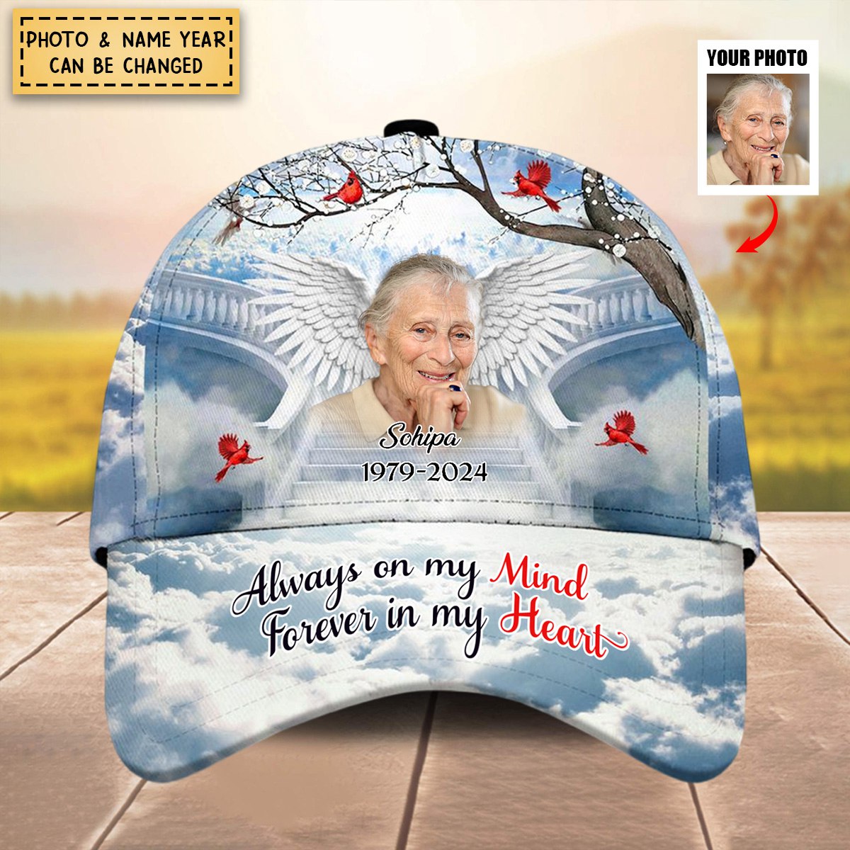 Memorial Upload Photo Wings Heaven, In Loving Memory A Big Piece Of My Heart Lives In Heaven Personalized Cap