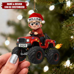 Christmas Kid Driving Monster Truck - Personalized Acrylic Ornament, Gift For Kids, Grandkids