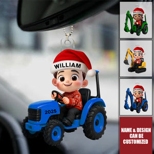 Little Boy Kid With Car Excavator Backhoe Tractor - Personalized Acrylic Car Ornament