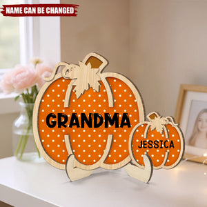 Fall Season Grandma Little Pumpkins Polka Dot Pattern - Personalized 2-Layer Standing Wooden Plaque