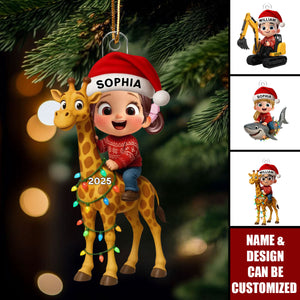 Cute Cartoon Kid With Animal Christmas - Personalized Acrylic Ornament, Unique Gift For Grandkids