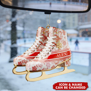 Personalized Winter Skating Toile de Jouy Car Ornament, Gifts For Ice Skating Lovers, Winter Skating Decor