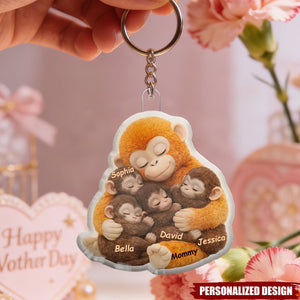 Mother Monkey & Children, Baby Monkey Punch - Personalized Personalized Keychain - Heartfelt Mother's Day Gift for Mom, Wife