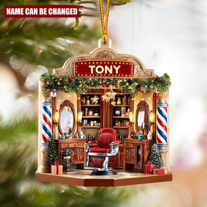 Personalized Barber Shop Acrylic Ornament, Barber Salon Christmas Decor Gift Barber Lovers