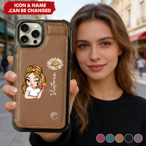 Sassy Girl Cartoon Character - Personalized Leather Flip Wallet Phone Case