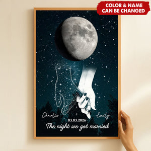 Galaxy Night Couple Holding Hands Custom Moon Phase Anniversary Date Poster - Wedding Gift For Couple