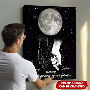 Galaxy Night Couple Holding Hands Custom Moon Phase Anniversary Date Poster - Wedding Gift For Couple