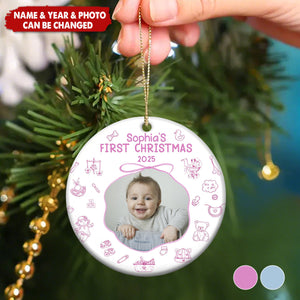 Baby First Christmas Toile De Jouy - Personalized Ceramic Photo Ornament