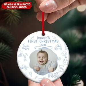 Baby First Christmas Toile De Jouy - Personalized Ceramic Photo Ornament