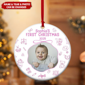 Baby First Christmas Toile De Jouy - Personalized Ceramic Photo Ornament