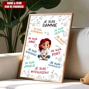 Empowering Words With Cartoon Girl For Daughter, Personalized Vertical Poster, Gift For Daughters