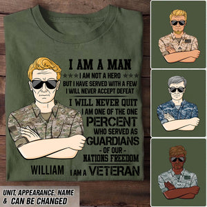 Personalized US Soldier/ Veteran I AM A MAN NOT HERO I WILL NEVER ACCEPT DEFEAT Tshirts