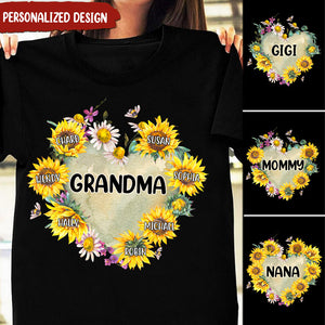 Personalized Grandma Hearts Sunflower T-Shirt with Custom Kid names T-shirt Perfect Gift Present for Grandmas Moms Aunties