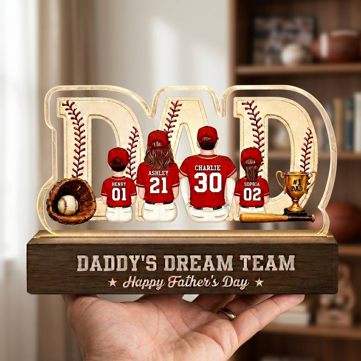 Baseball Family - Personalized Acrylic Block Plaque LED Night Light - Gift For Dad, Husband