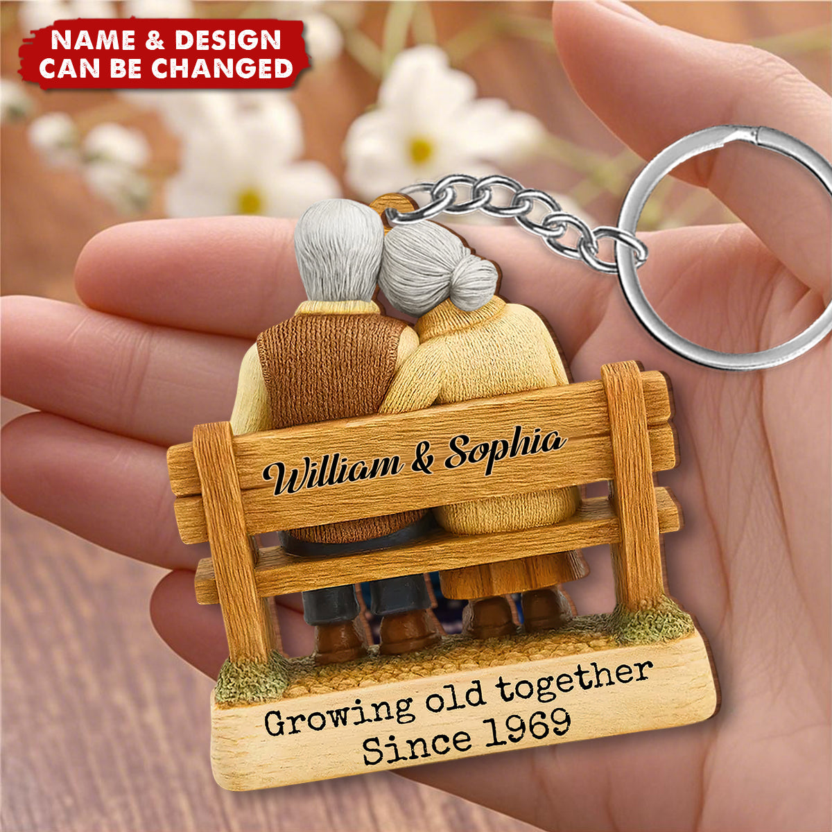 Growing Old Together Since, Loving Couple On Bench, Wooden Keychain, Gift For Couples