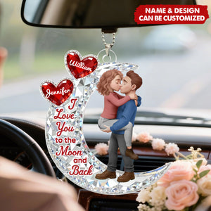 Couple Hug On Moon - Personalized Car Ornament, Gift For Couple, Gift For Him, For Her