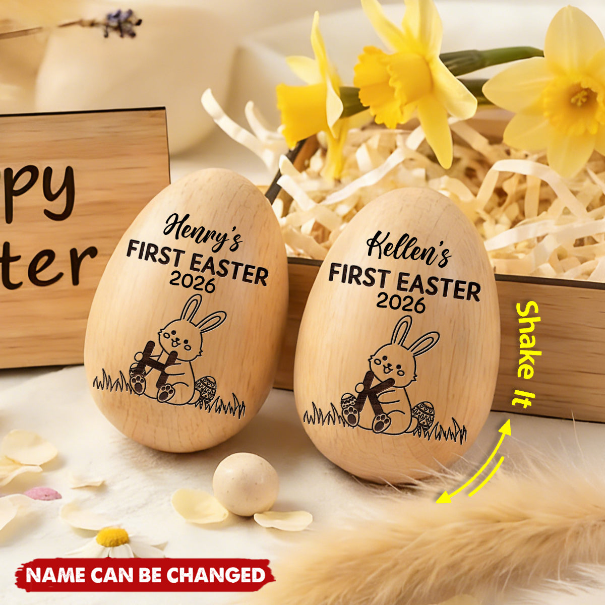 First Easter With Alphabet - Personalized Musical Wooden Easter Egg Shaker