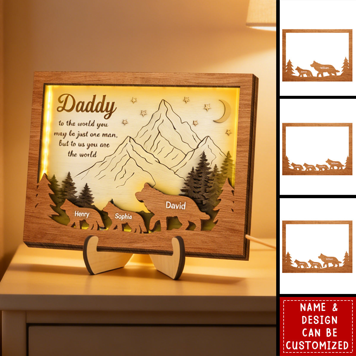 Daddy to Us You Are the World - Personalized 2-Layered Wooden Plaque LED Night Light - Sentimental Gift for Dad, Husband