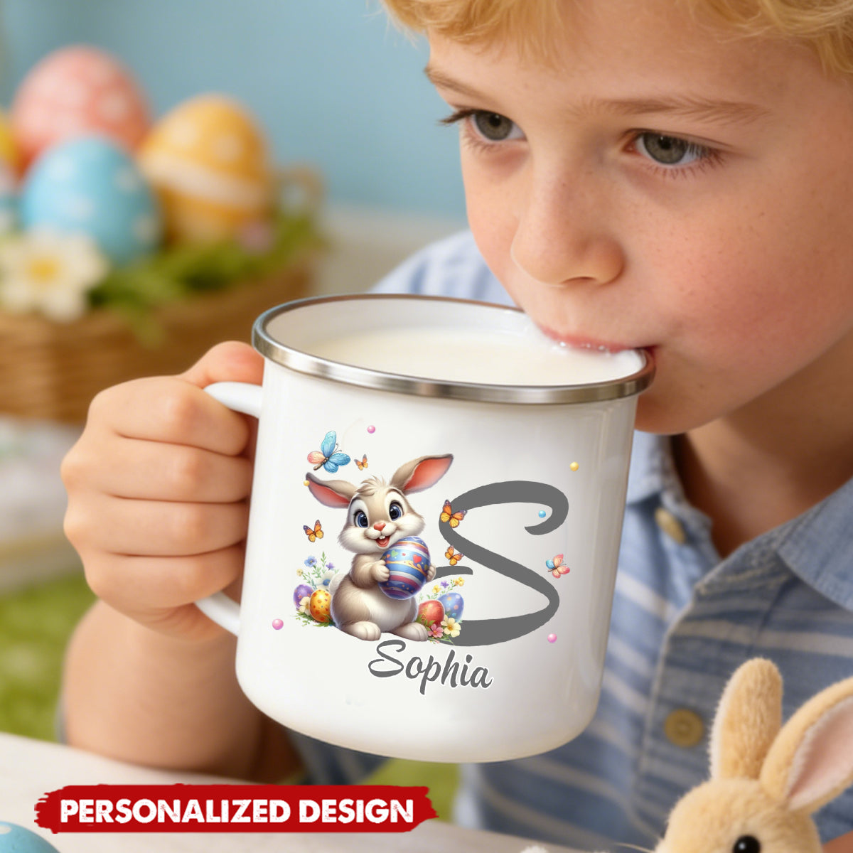Easter Bunny With Alphabet Letters - Personalized Enamel Mug, Gifts for Easter