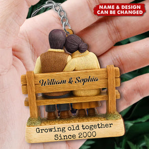 Growing Old Together Since, Loving Couple On Bench, Wooden Keychain, Gift For Couples
