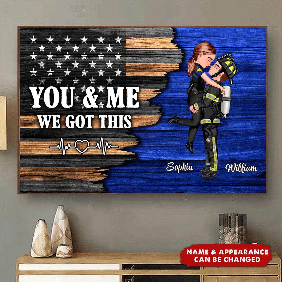 Hero Couple Half Flag Gifts by Occupation Gift For Her Gift For Him Firefighter, Nurse, Police Officer Personalized Horizontal Poster