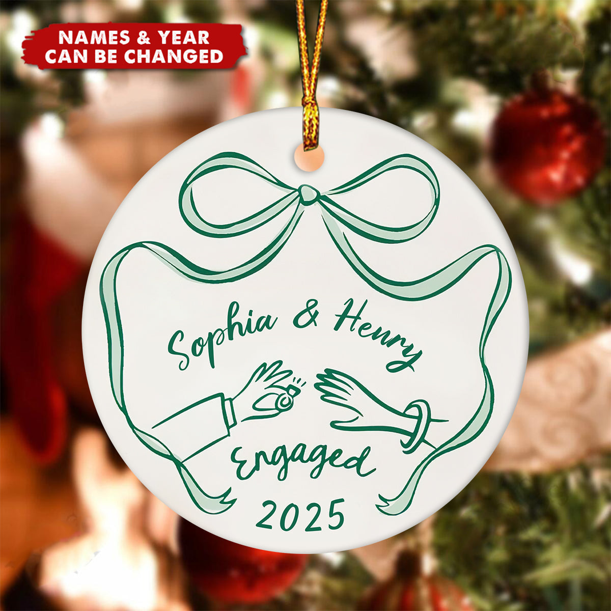 First Christmas Engaged Personalized Ceramic Ornament - Engagement Gift for Couples