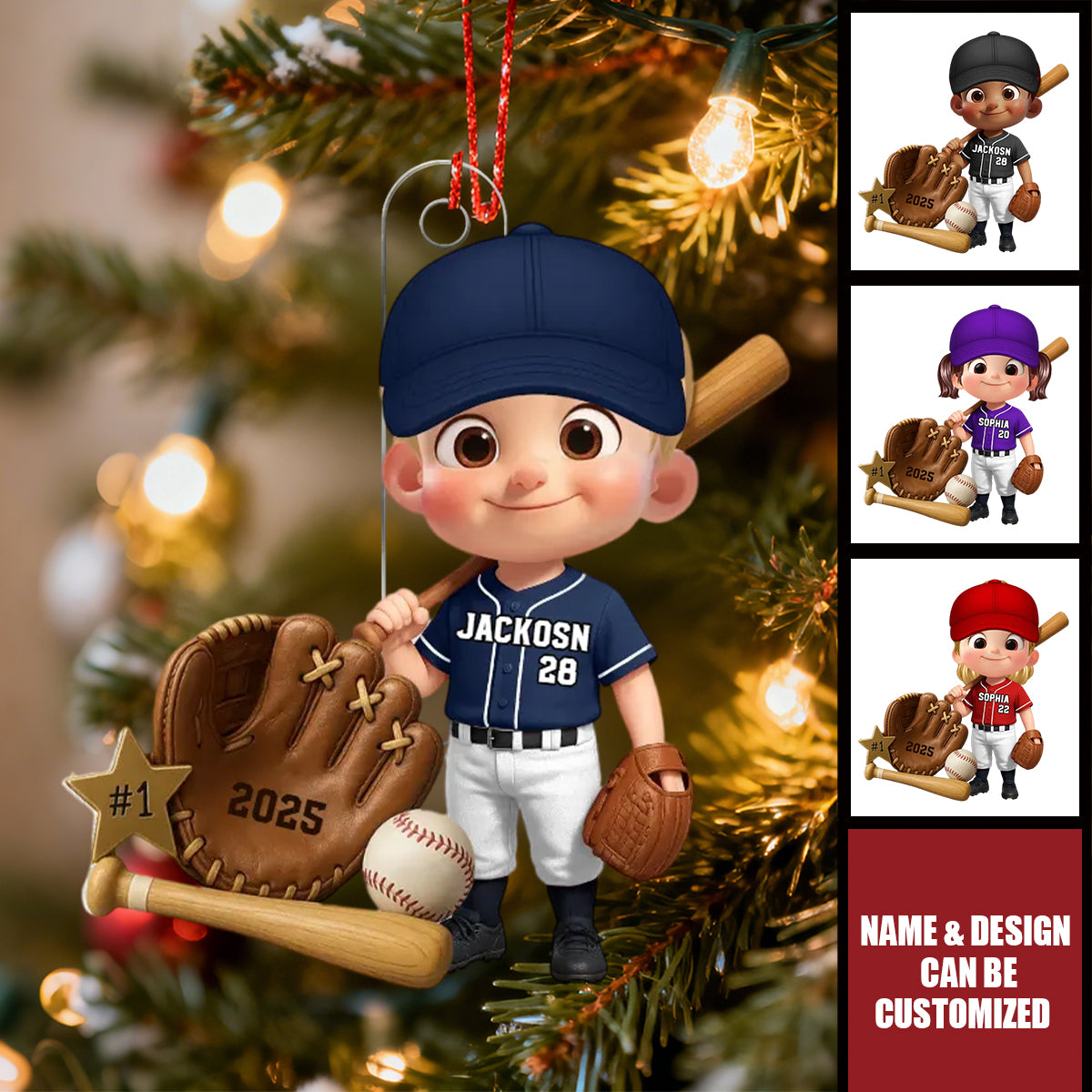 Baseball Player With Baseball Mitt Bat Ball - Personalized Acrylic Ornament, Gift For Kids, Grandkids