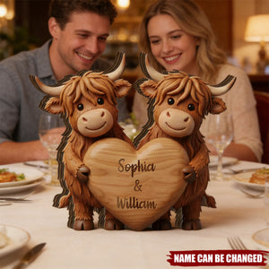 Custom Highland Cow Couple Wooden Blocks: Personalized Cow Wood Plaque