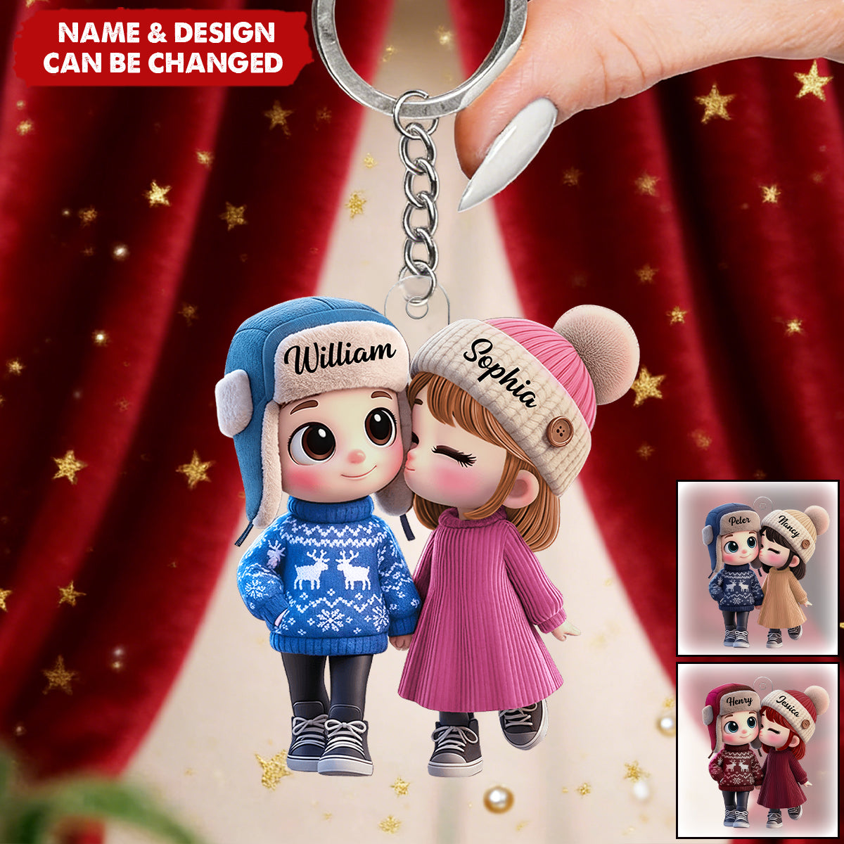 Personalized Acrylic Keychain Cute Cartoon Kissing Couple in Winter Hats