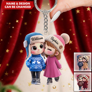 Personalized Acrylic Keychain Cute Cartoon Kissing Couple in Winter Hats