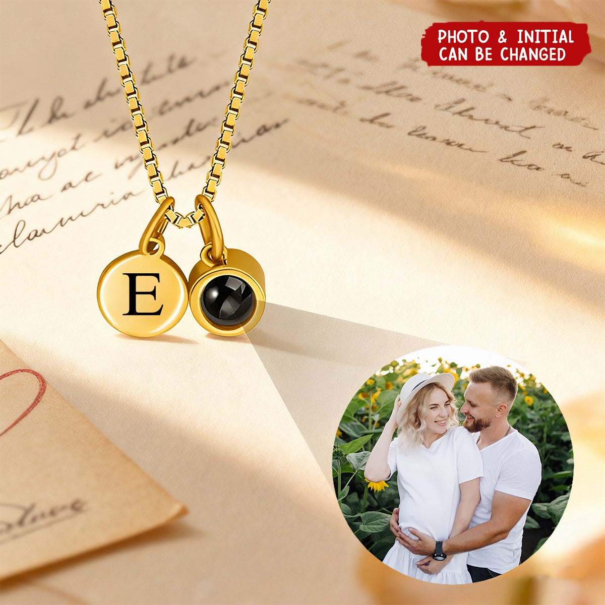 Personalized Engraved Initial Disc Photo Projection Necklace - Birthday Anniversary Gift for Women