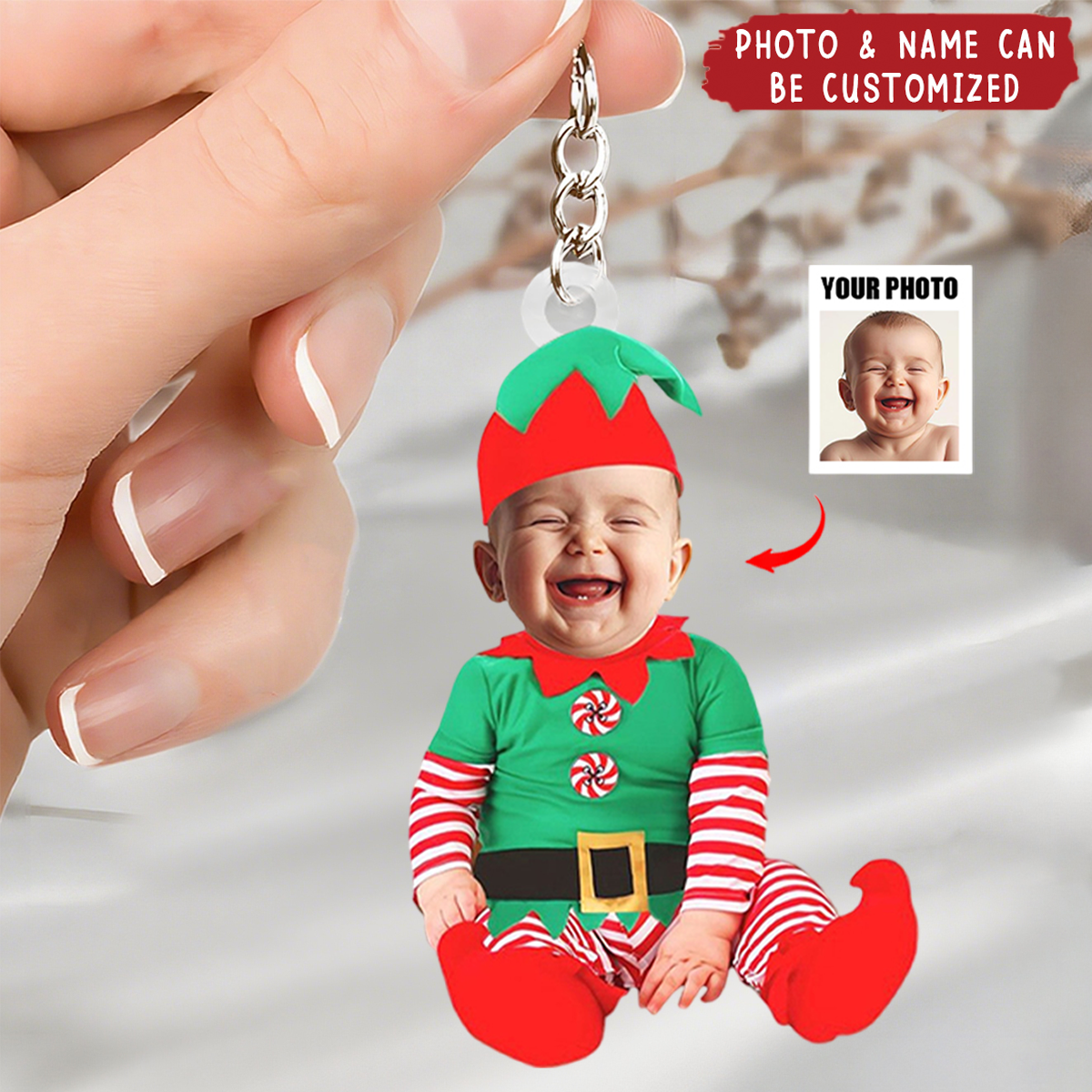 Adorable Newborn Baby Elf - Personalized Babys Photo Acrylic Keychain