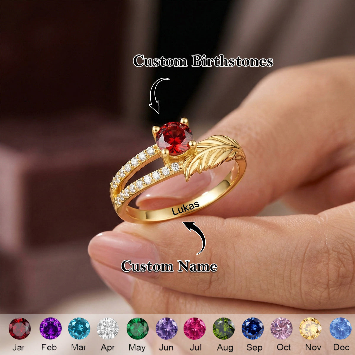 Forever in Our Hearts - Personalized Feather Birthstone Ring with Text