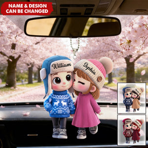 Personalized Acrylic Car Hanger Cute Cartoon Kissing Couple in Winter Hats