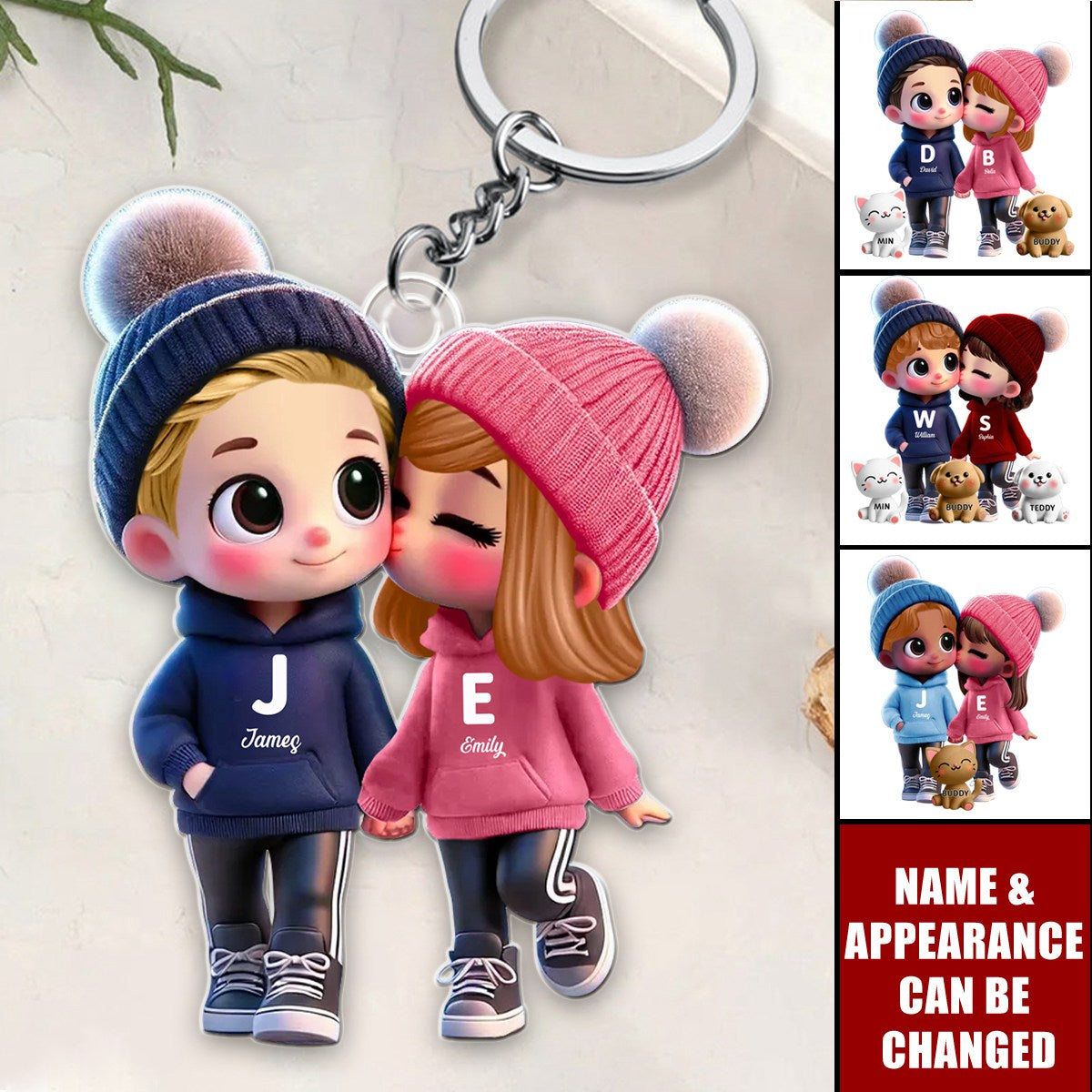 3D Cute Cartoon Couple You Me And The Dog Cat Personalized Acrylic Keychain, Valentine's Day Gift for Him, Gift for Her