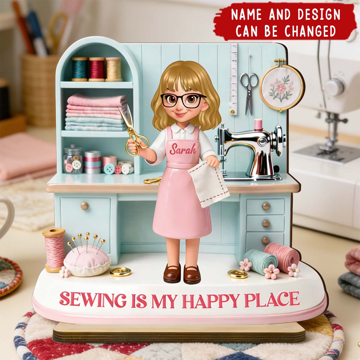 Sewing Is My Happy Place - Personalized 2-Layered Wooden Plaque - Gift For Mom, Grandma