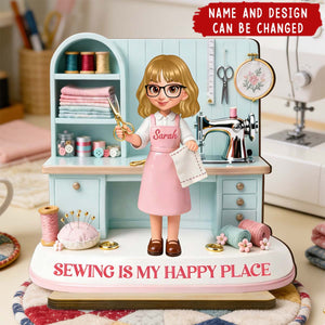 Sewing Is My Happy Place - Personalized 2-Layered Wooden Plaque - Gift For Mom, Grandma