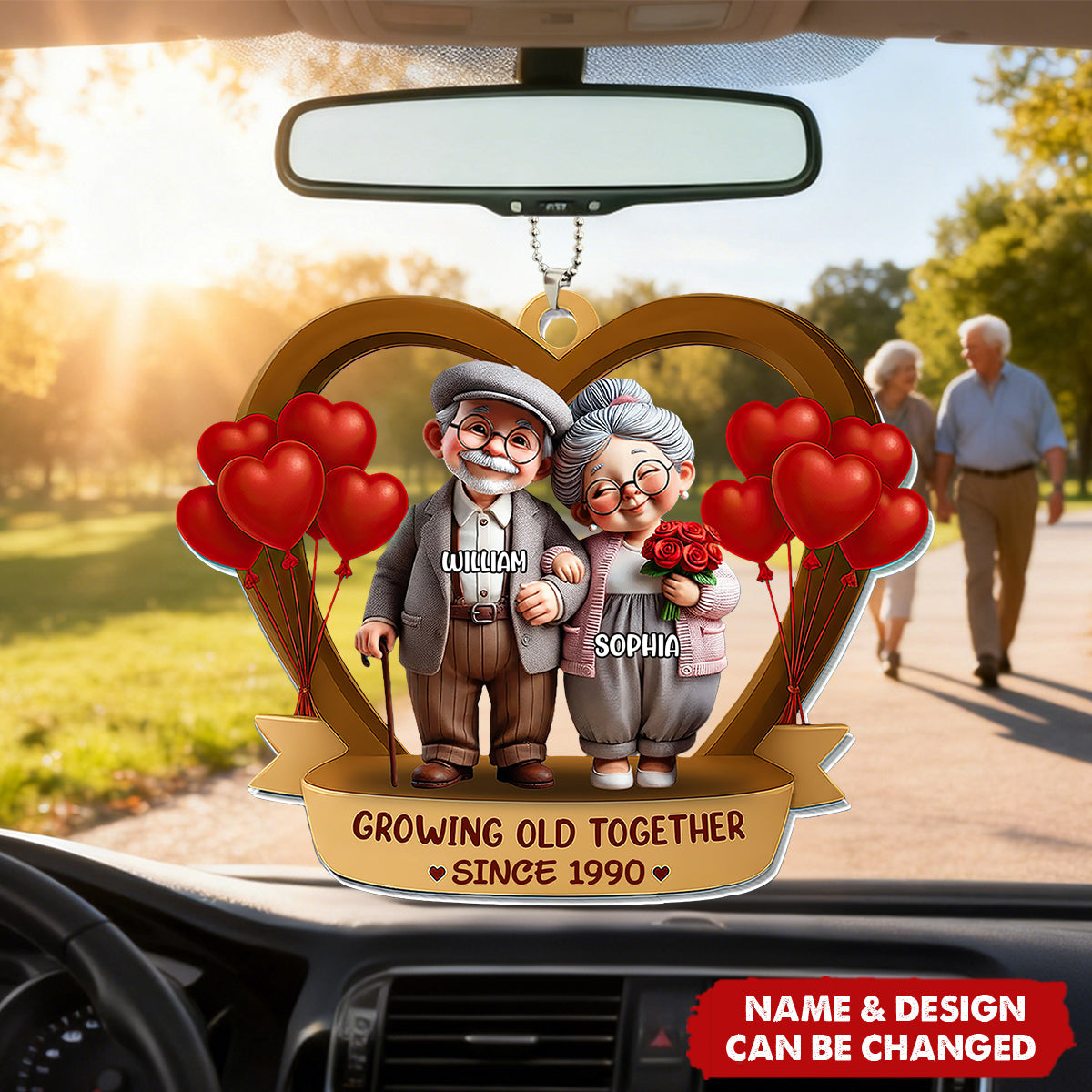 Growing Old Together, Elderly Couple With Hearts And Balloons, Personalized Car Ornament