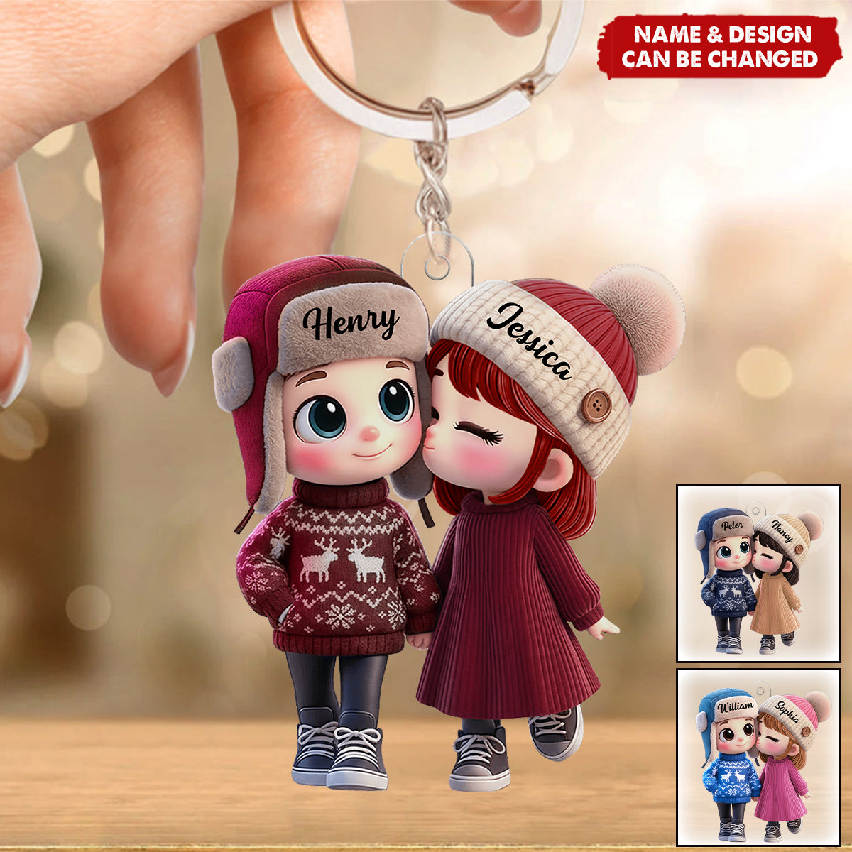 Personalized Acrylic Keychain Cute Cartoon Kissing Couple in Winter Hats