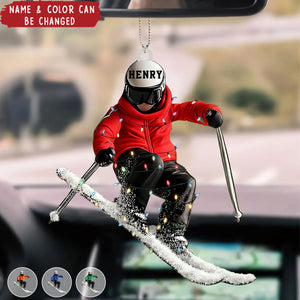 Funny Skiing Personalized Name Shaped Acrylic Ornament - Gift For Skiing Lovers